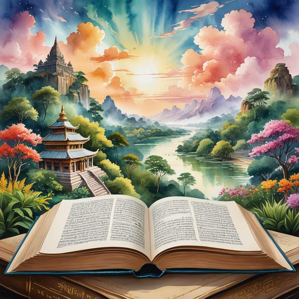 A serene open book with Hindi script flowing like a river, surrounded by vibrant cultural symbols such as traditional Indian art, poetry scrolls, and colorful flowers. In the background, a sunlit landscape of lush greenery and ancient temples represents the journey of exploration. Dreamy clouds gently float above, infusing a sense of inspiration and creativity. vivid colors. watercolor. cultural essence.