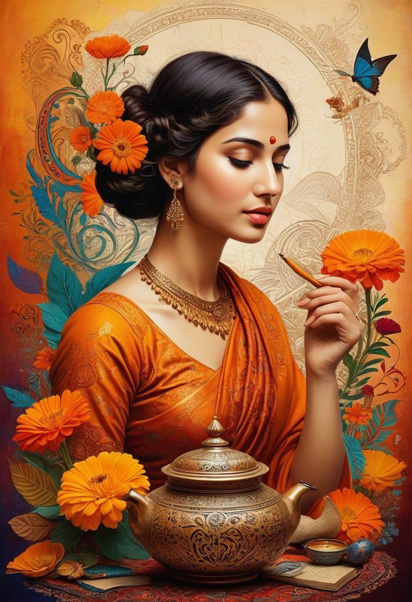 A vivid collage capturing the essence of Hindi poetry and prose, featuring traditional Indian elements like ancient scripts, blooming marigolds, and intricate paisley patterns. Include a quill and inkpot symbolizing creativity, alongside silhouettes of famous literary figures amidst an ethereal background of swirling colors representing folklore. The scene should evoke a sense of cultural richness and literary depth. vibrant colors. intricate details. surreal art.