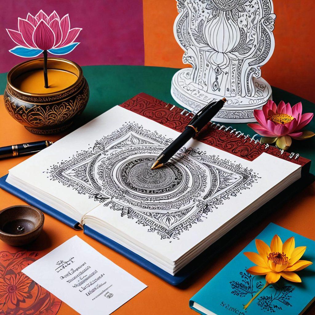 A vibrant and colorful illustration showcasing a traditional Hindi desk with a fountain pen, an open notebook filled with creative writing and sketches, surrounded by cultural symbols like the lotus flower and Indian motifs. In the background, a silhouette of a writer at work, embodying expression and creativity in the Hindi language. super-realistic. vibrant colors. white background.